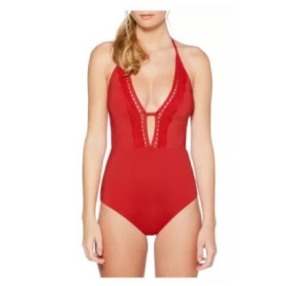 Laundry By Shelli Segal Red Plunge One-Piece Swimwear Nwt Xs